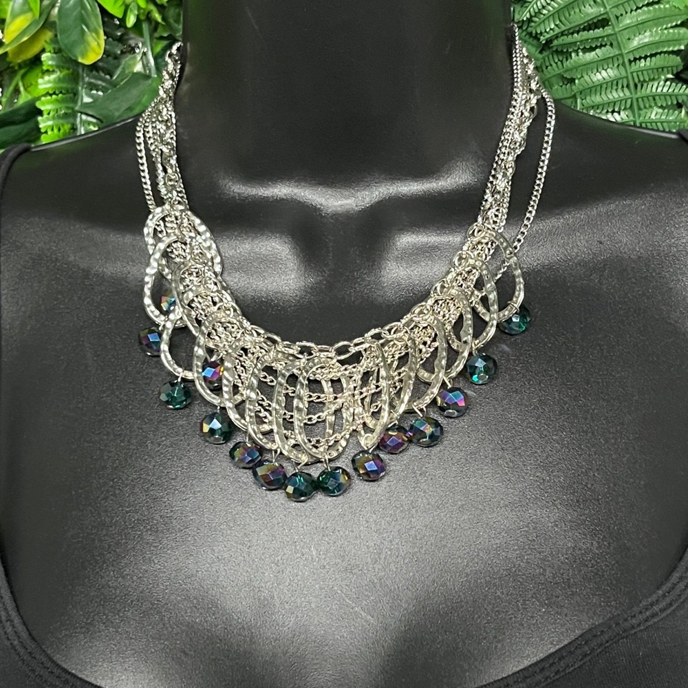 Hammered Beads Silver Multi Strand Necklace  Bib Statement Iridescent 3980